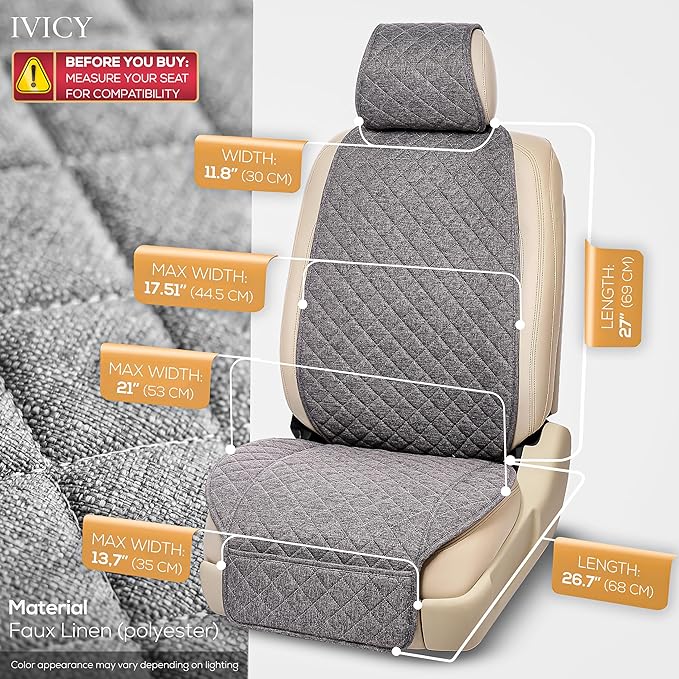 IVICY Faux Linen Car Seat Cover for Cars - Durable & Non-Slip - Front Car Seat Protector Covers for Most Automotive, Vans, SUVs, Trucks - 1 Unit - Cool Gray