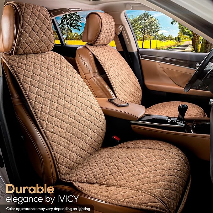 IVICY Faux Linen Car Seat Cover for Cars - Durable & Non-Slip - Front Car Seat Protector Covers for Most Automotive, Vans, SUVs, Trucks - 1 Unit – Light Brown